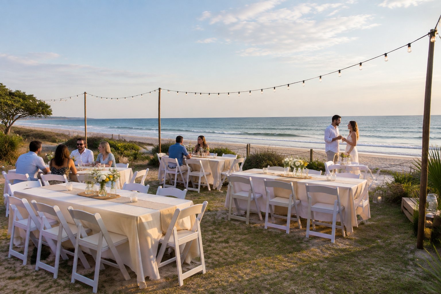 A simple outdoor wedding reception with tables and chairs beside a sandy beach.