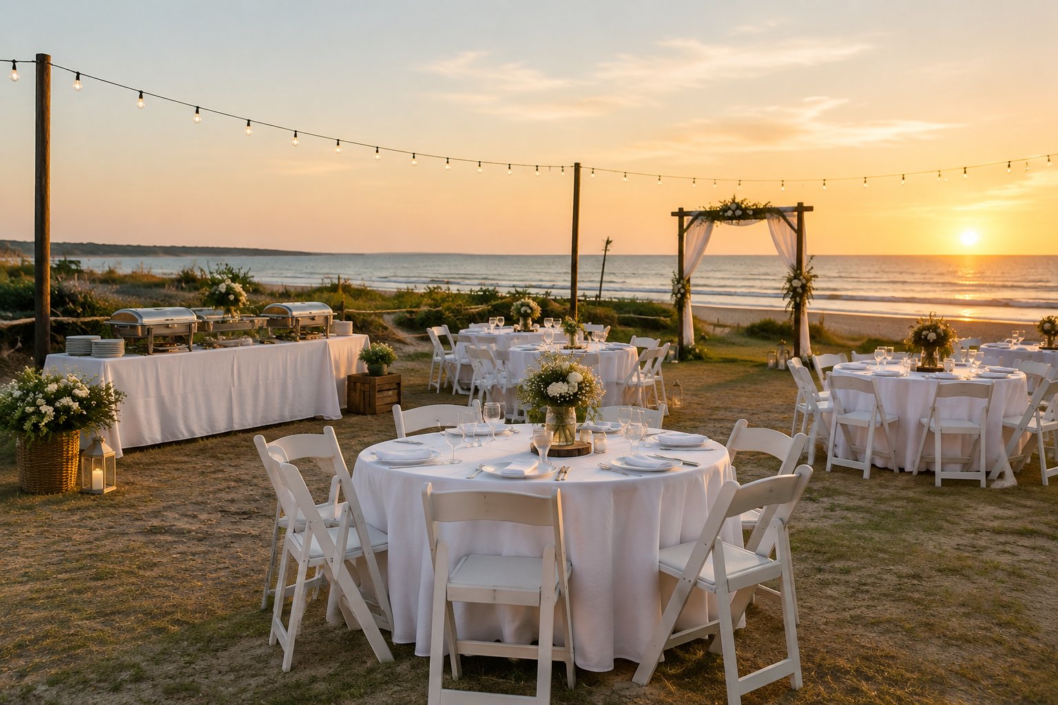 A simple wedding reception setup with tables, chairs, and decorations overlooking the beach.