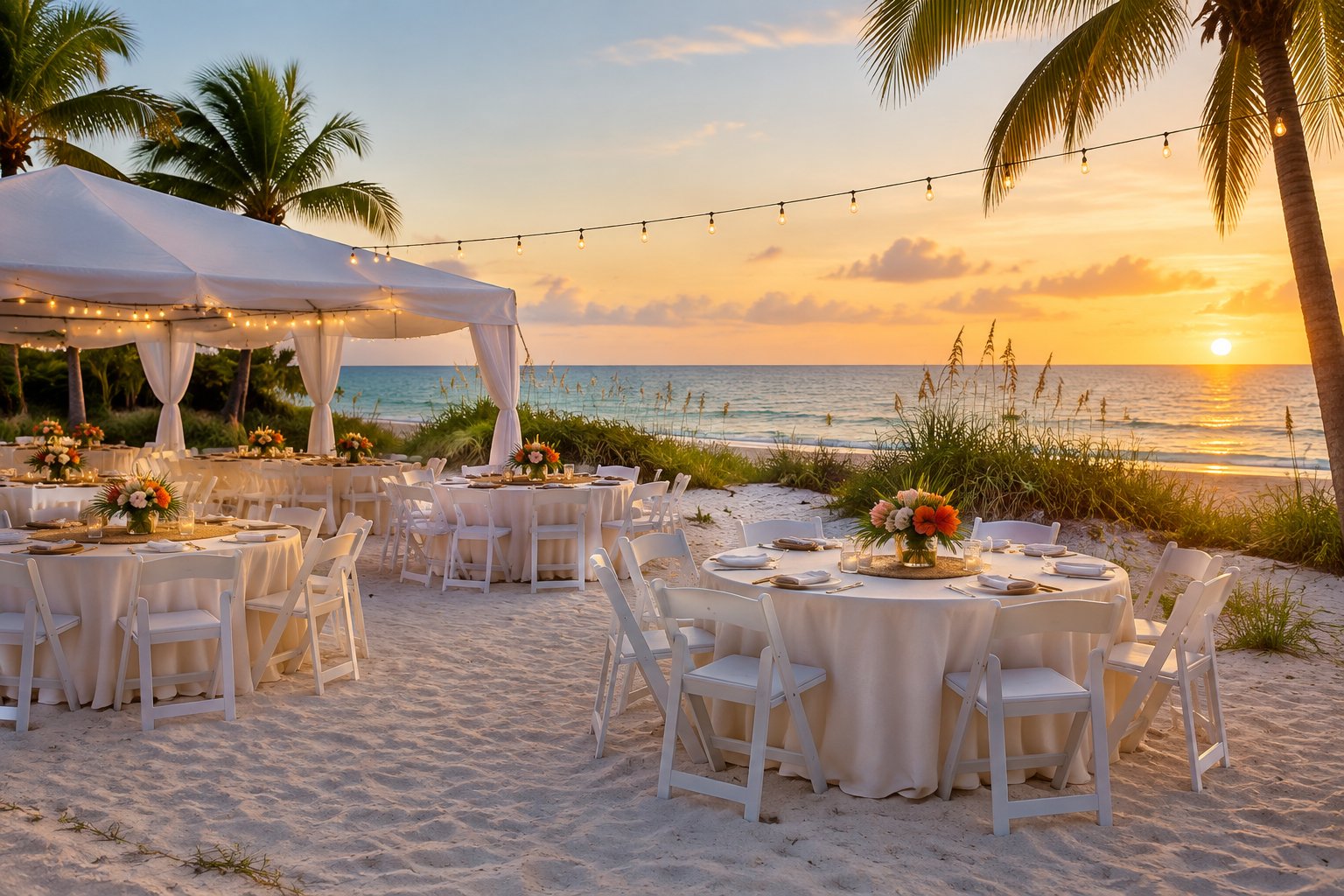 A simple wedding reception setup with tables and chairs on a sandy Florida beach at sunset.