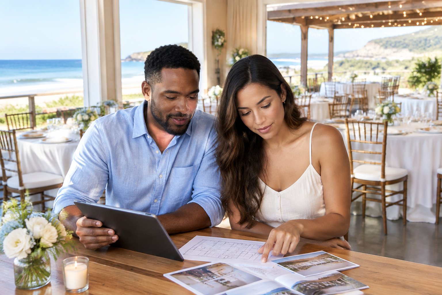 A couple compares wedding reception options in a coastal venue overlooking a beach.