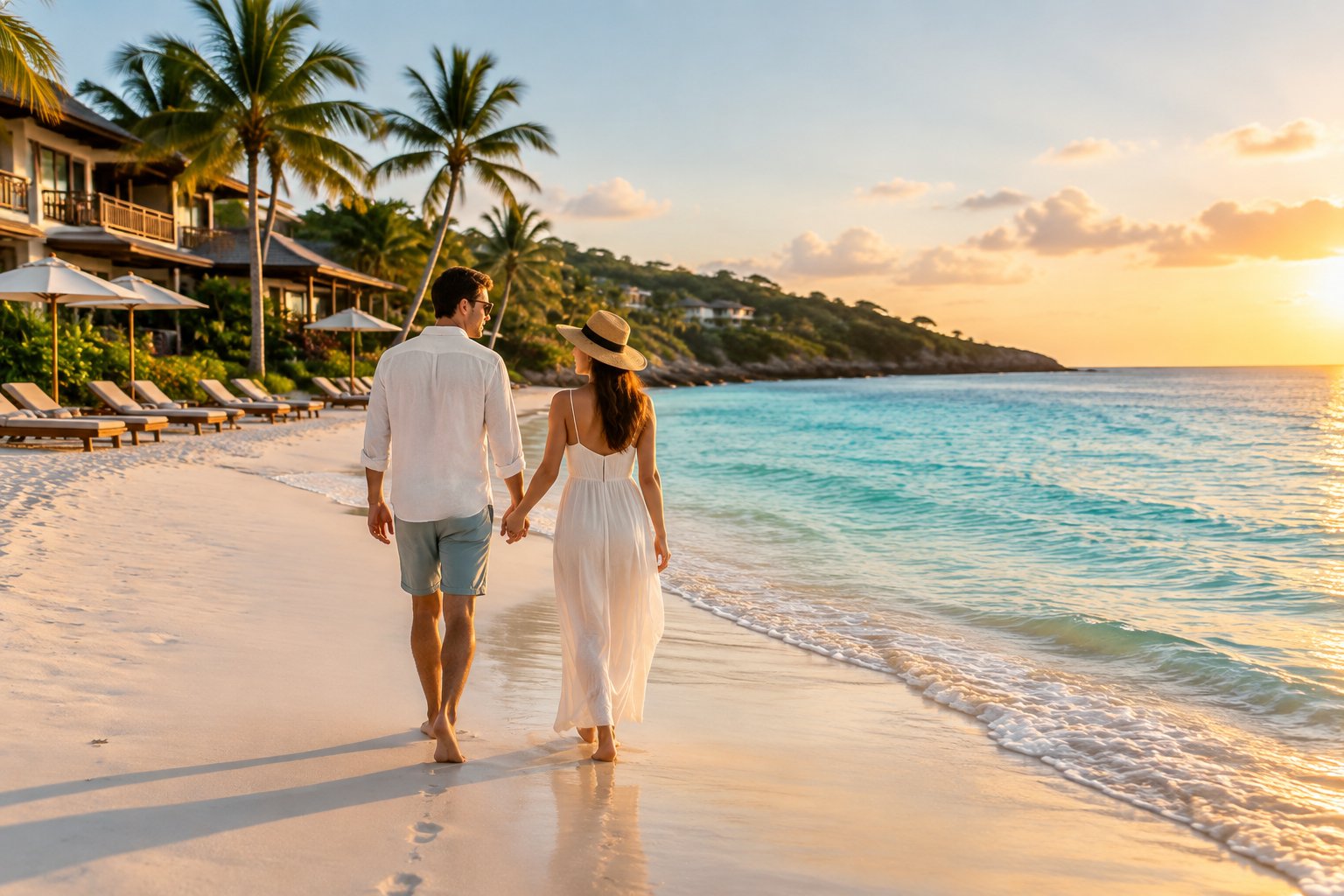A couple walks hand in hand along a tropical beach beside a welcoming beachfront resort.
