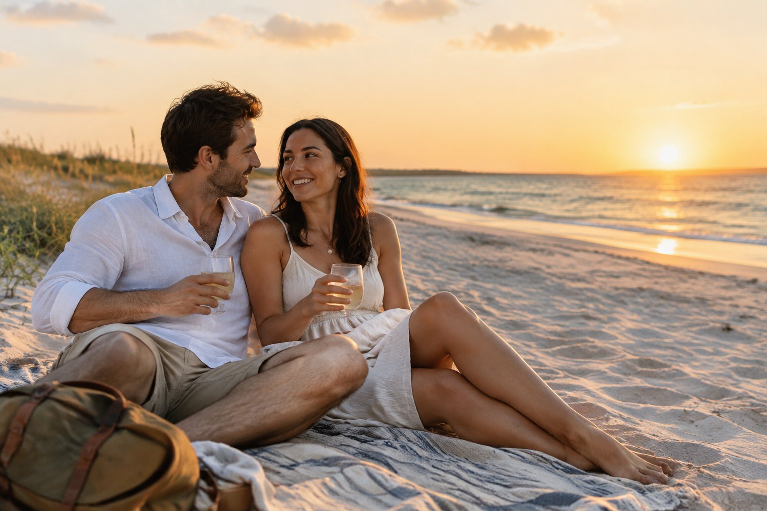 A newlywed couple enjoys a romantic sunset picnic at a scenic beach.