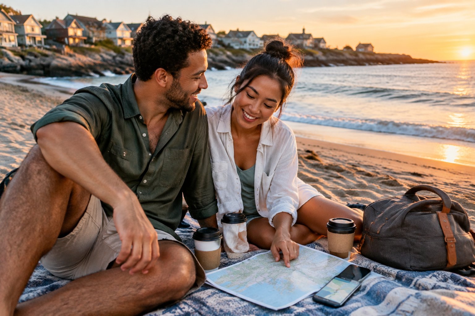 A newlywed couple enjoys a peaceful, affordable beach getaway with travel items nearby.