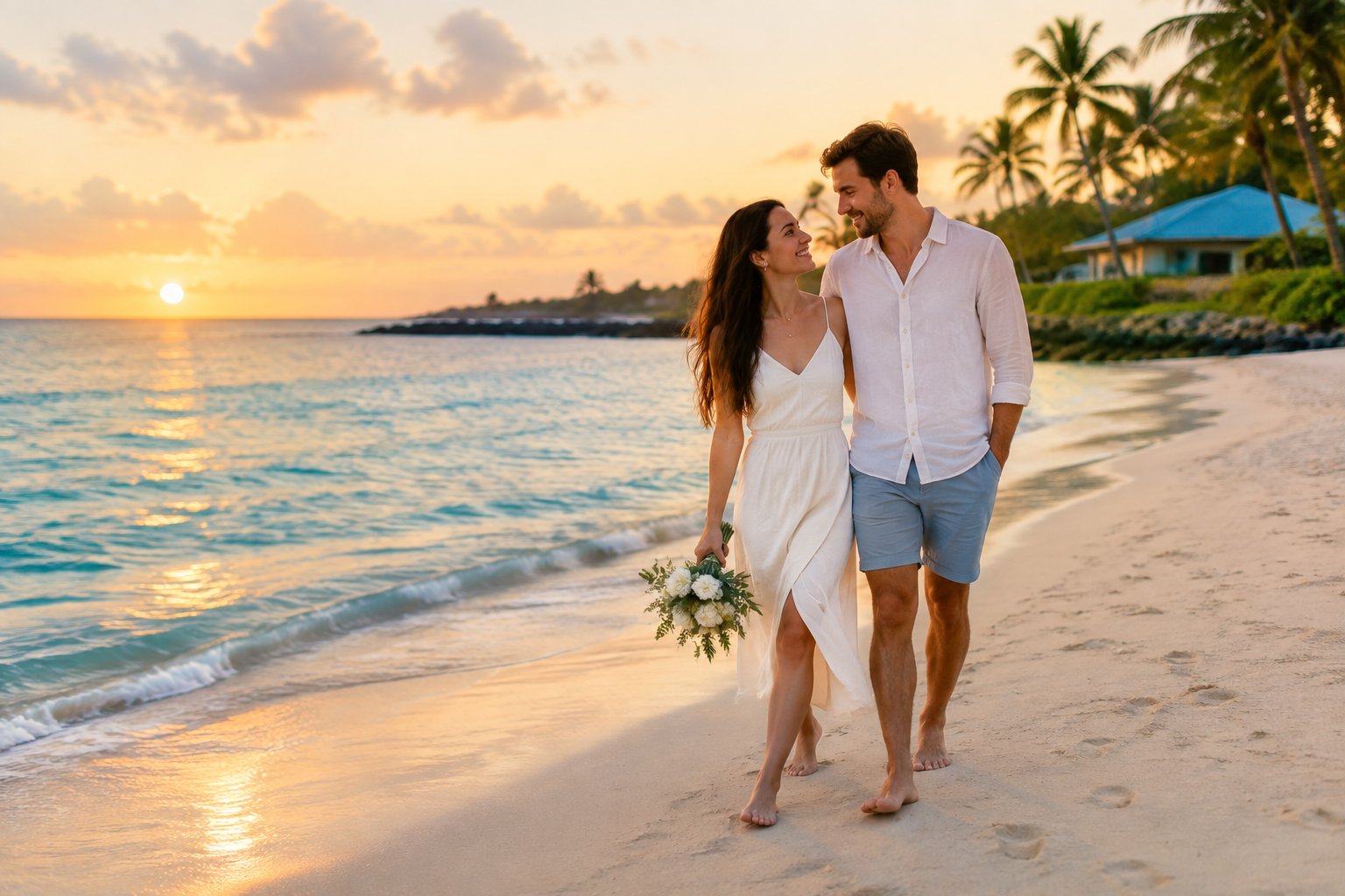 A newlywed couple walks hand in hand along a sunny sandy beach beside turquoise water.