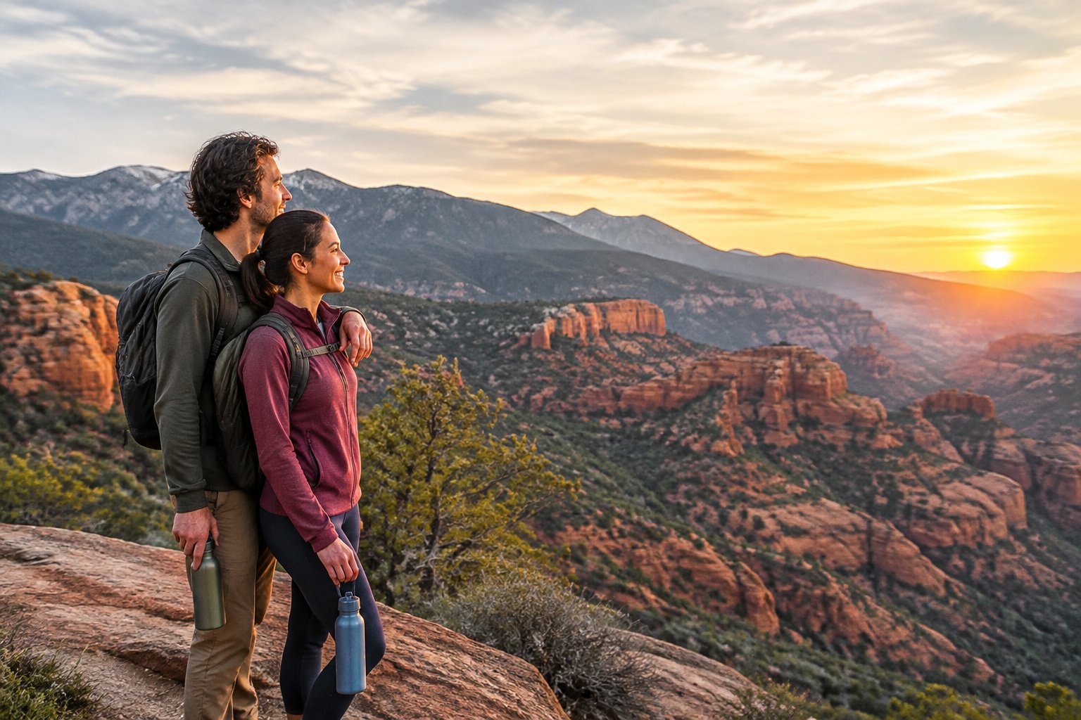 A couple embraces at a scenic overlook surrounded by red-rock desert formations and distant mountains.