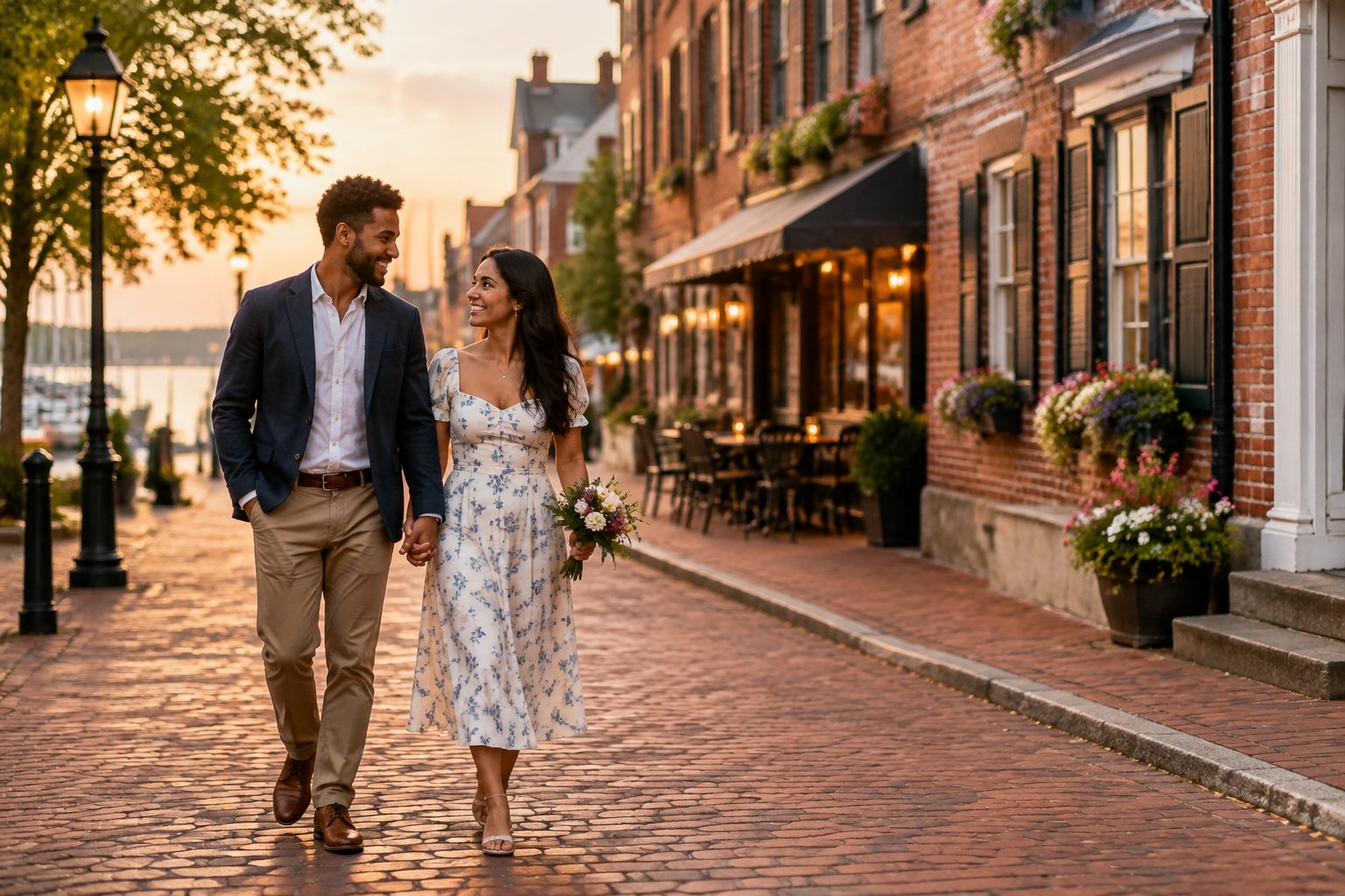 A newlywed couple walks hand in hand along a historic brick-paved city street at sunset.