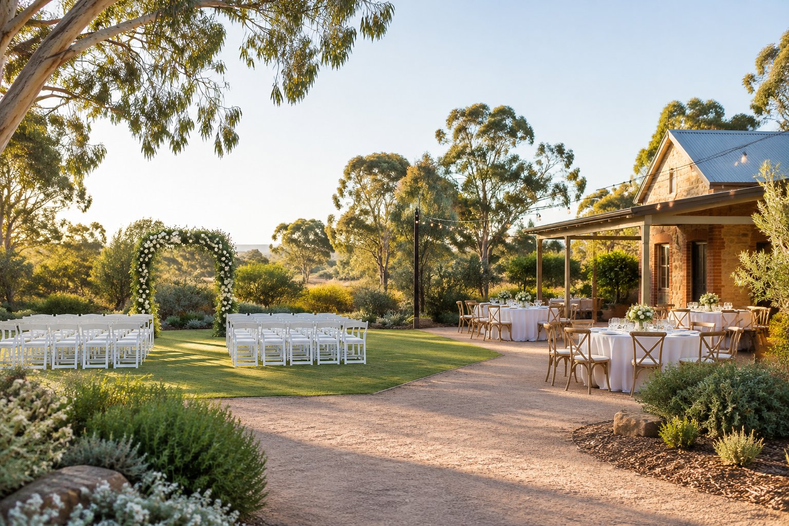 A simple outdoor wedding ceremony setup in a leafy Adelaide garden beside a heritage-style venue.