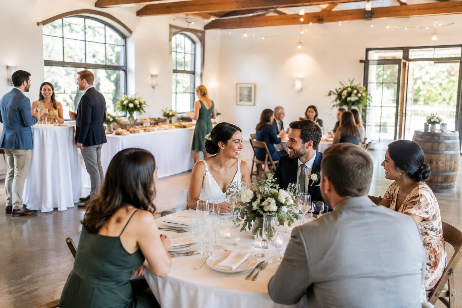 Wedding guests enjoying an affordable reception in a bright, tastefully decorated venue.