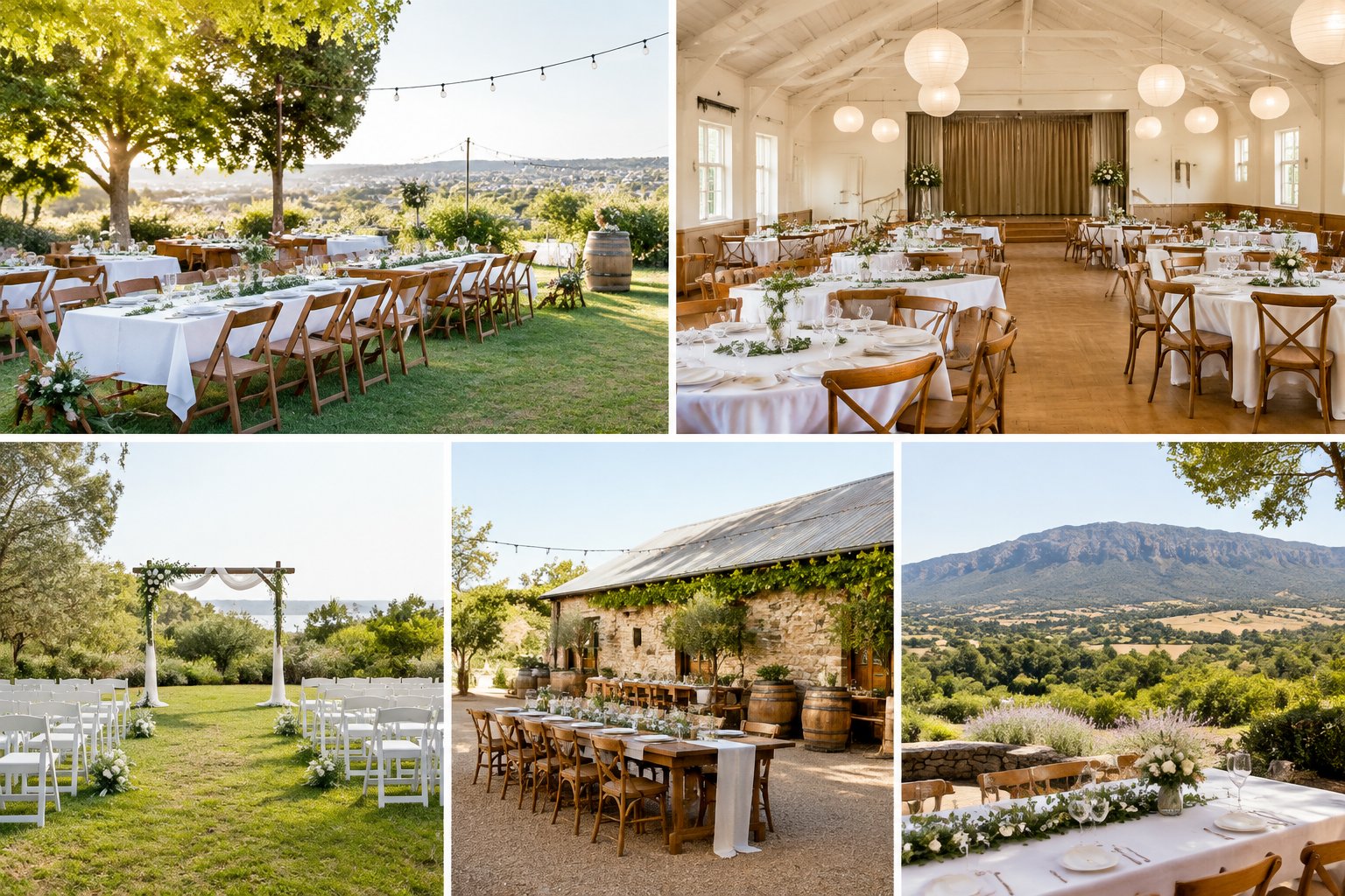An affordable wedding reception setup in a charming South Australian venue with simple decorations and garden surroundings.