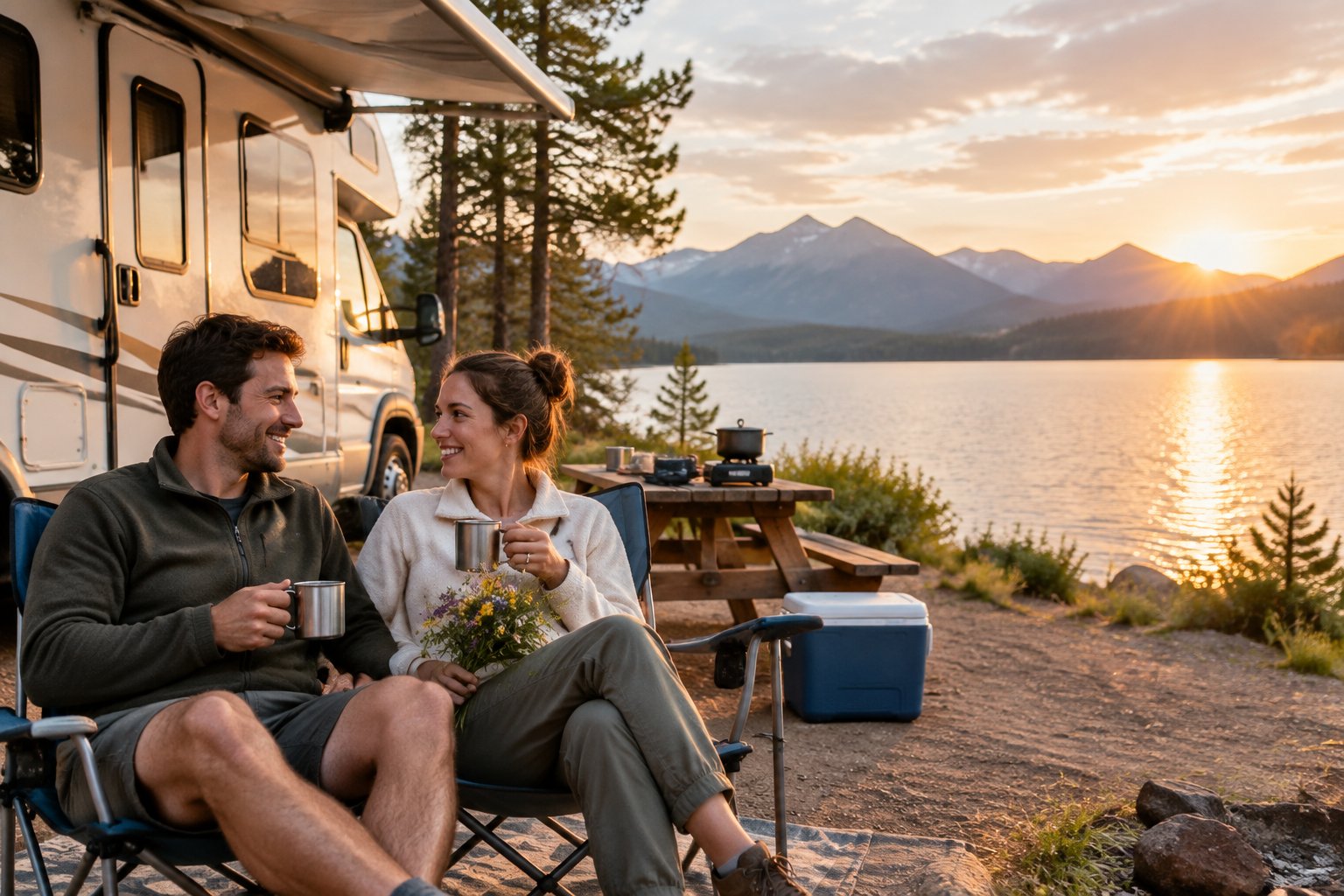 A newlywed couple relaxes beside their RV at a scenic lakeside campground.