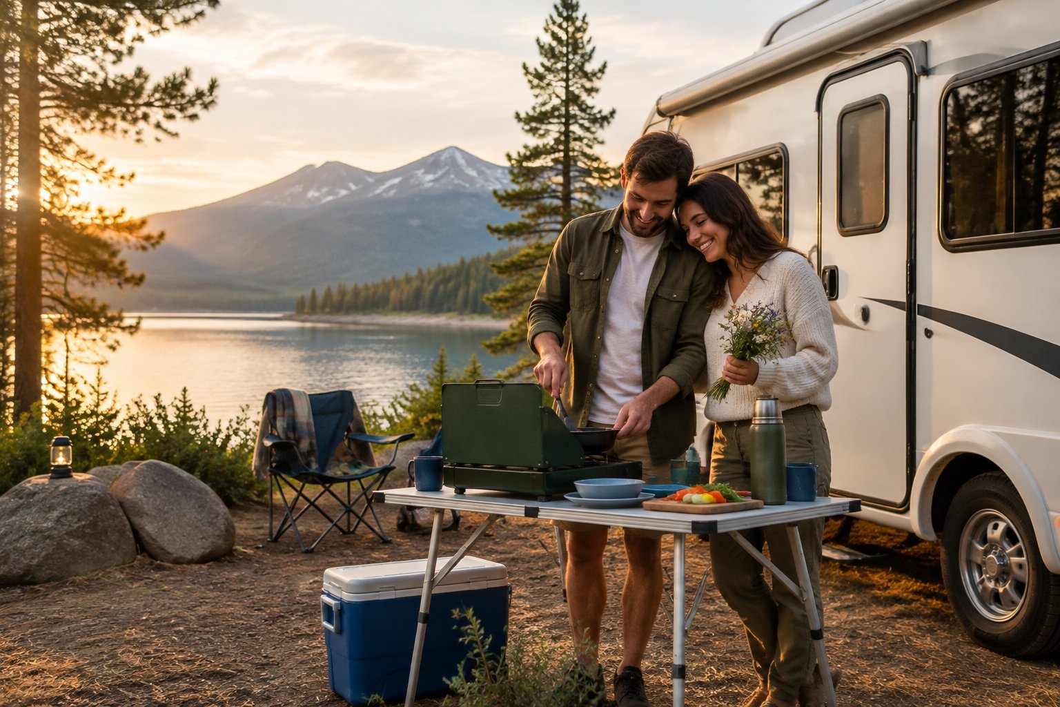Newlywed couple preparing an outdoor meal beside their RV at a scenic lakeside campground.