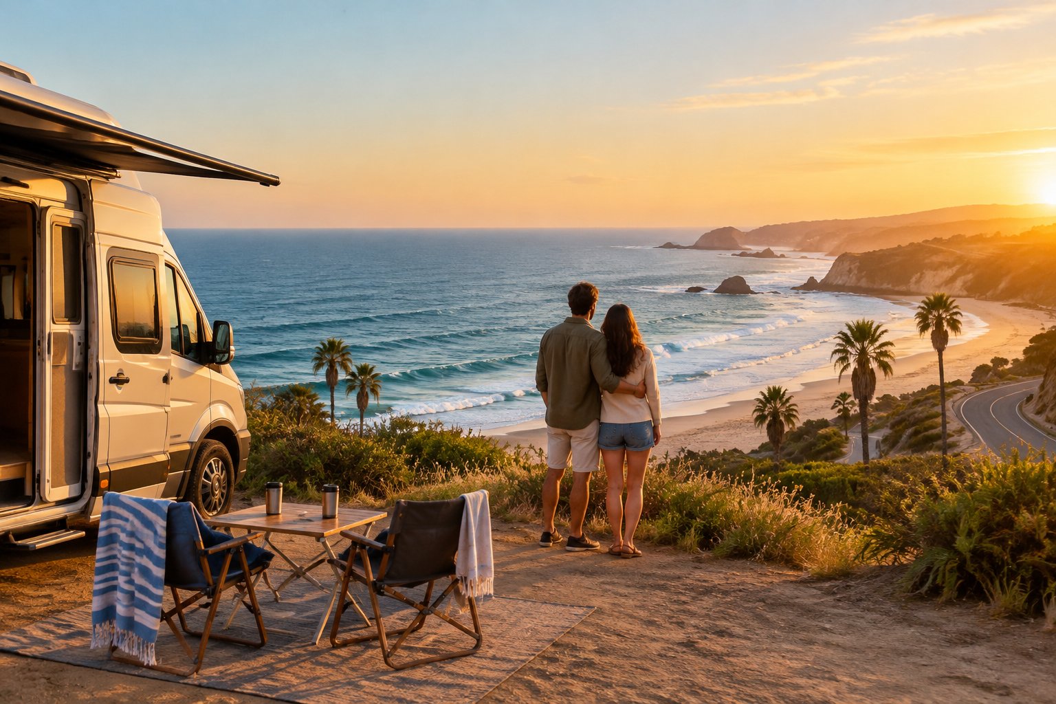 A couple stands beside a recreational vehicle overlooking a sandy beach and ocean at sunset.