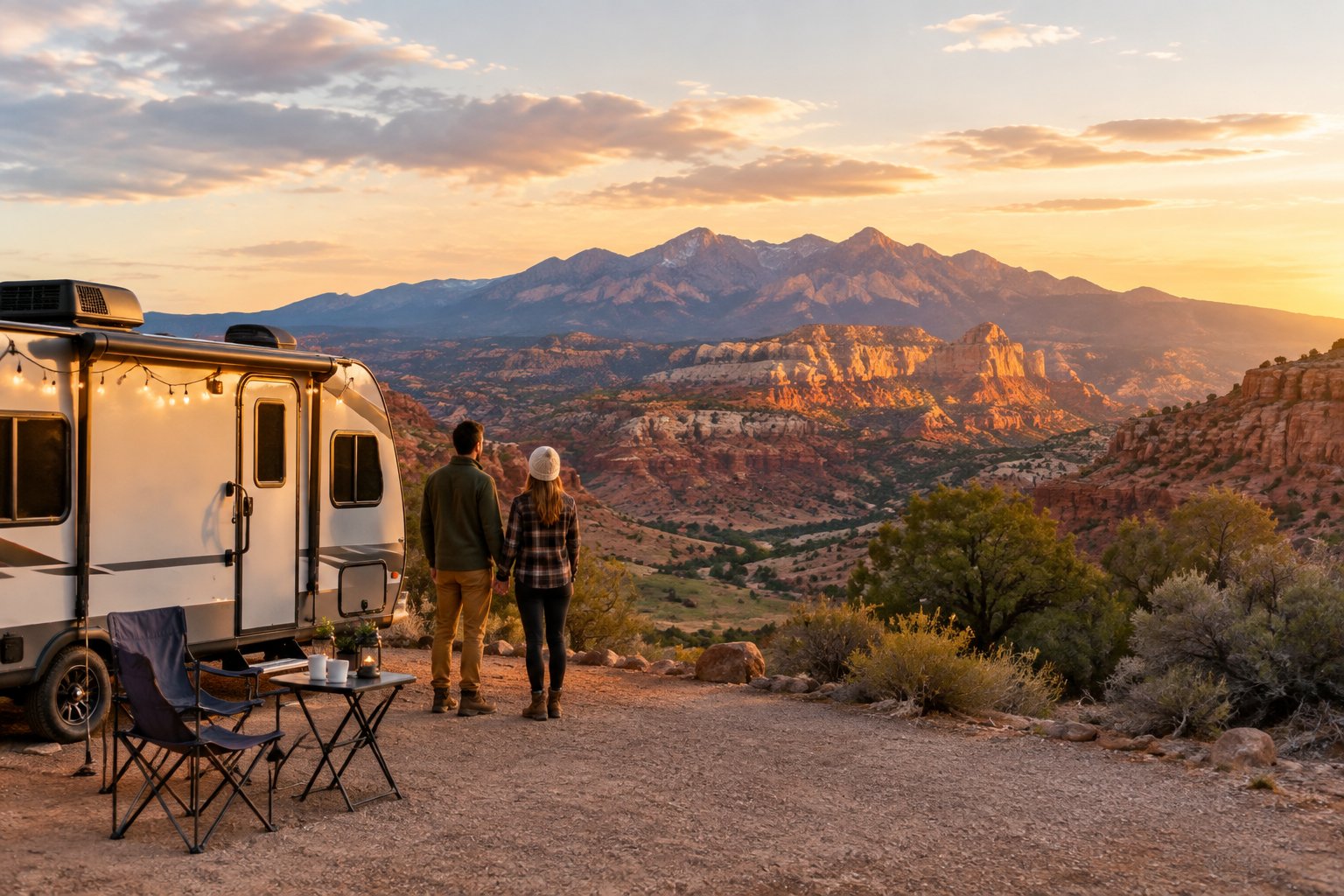 A newlywed couple stands beside a small RV at a desert campsite surrounded by red cliffs and distant mountains.