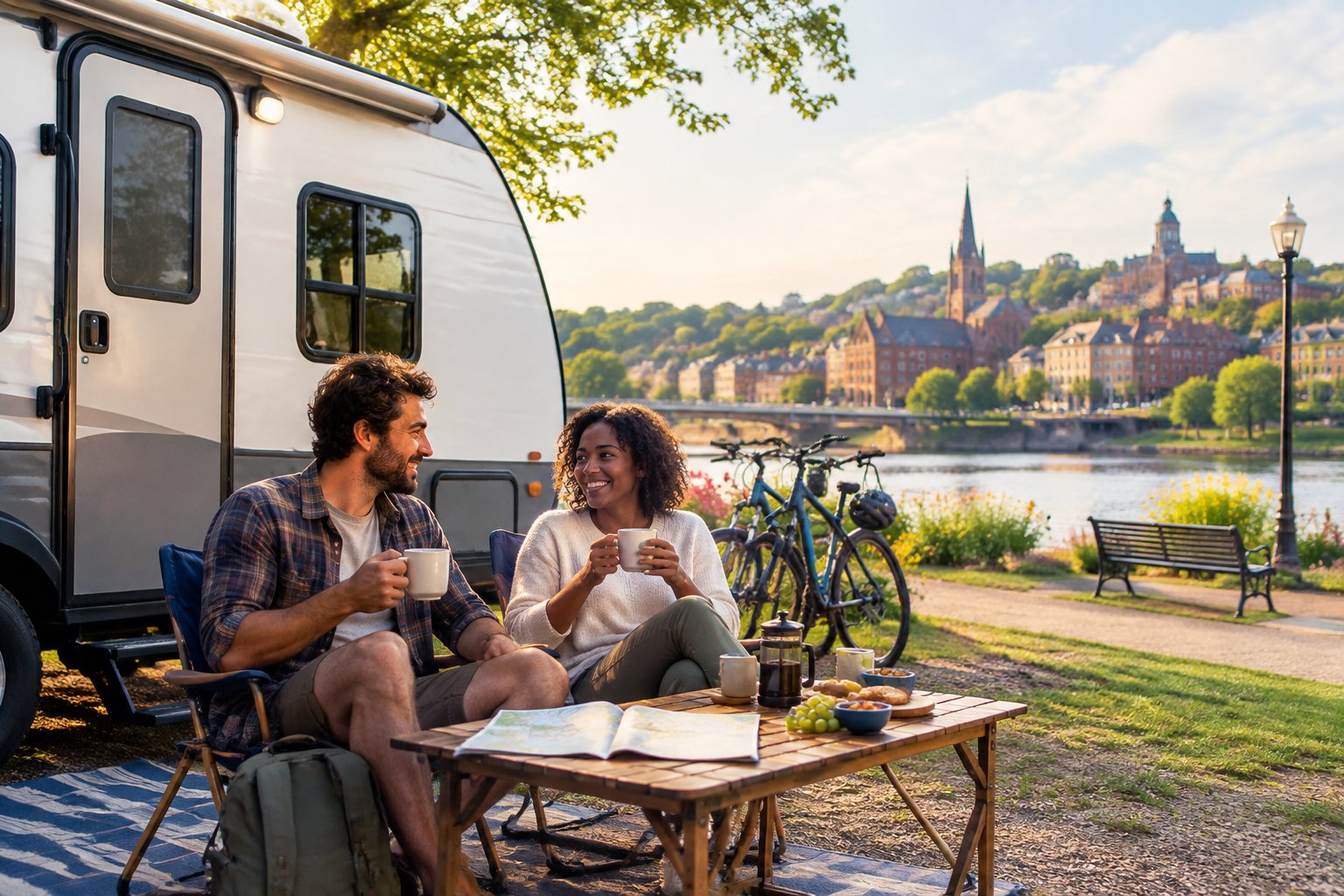 A newlywed couple relaxes beside their RV near a welcoming city park and historic neighborhood.