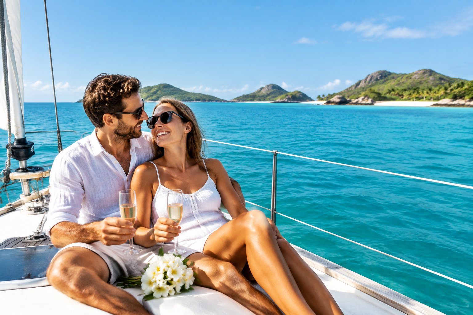 A newlywed couple relaxes on a sailboat near a sunny tropical island.