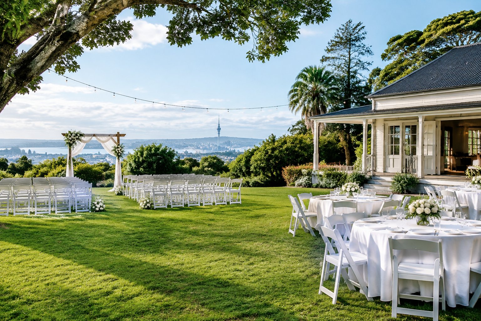 An affordable wedding venue with simple decorations, garden surroundings, and distant Auckland scenery.