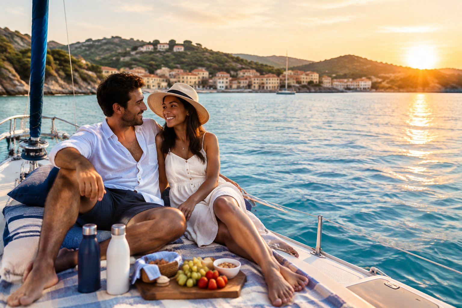 A newlywed couple relaxing on a small yacht in clear coastal waters at sunset.