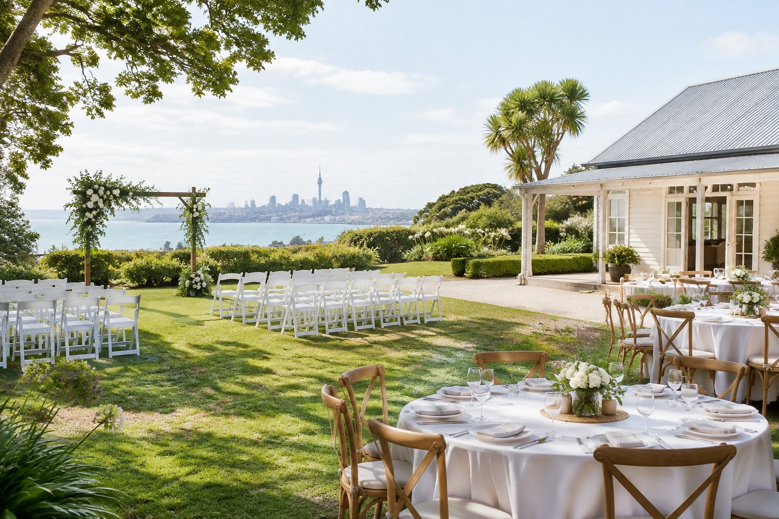 An affordable wedding venue in Auckland set up with simple decorations, chairs, tables, and greenery.
