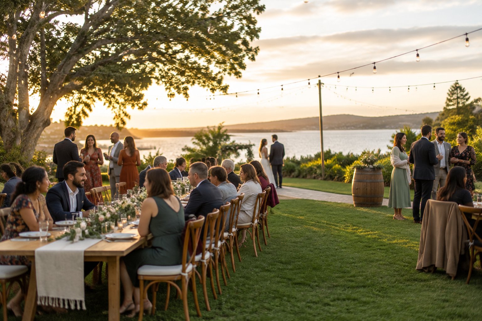 Guests gather at an affordable outdoor wedding venue with simple elegant decorations and lush greenery.