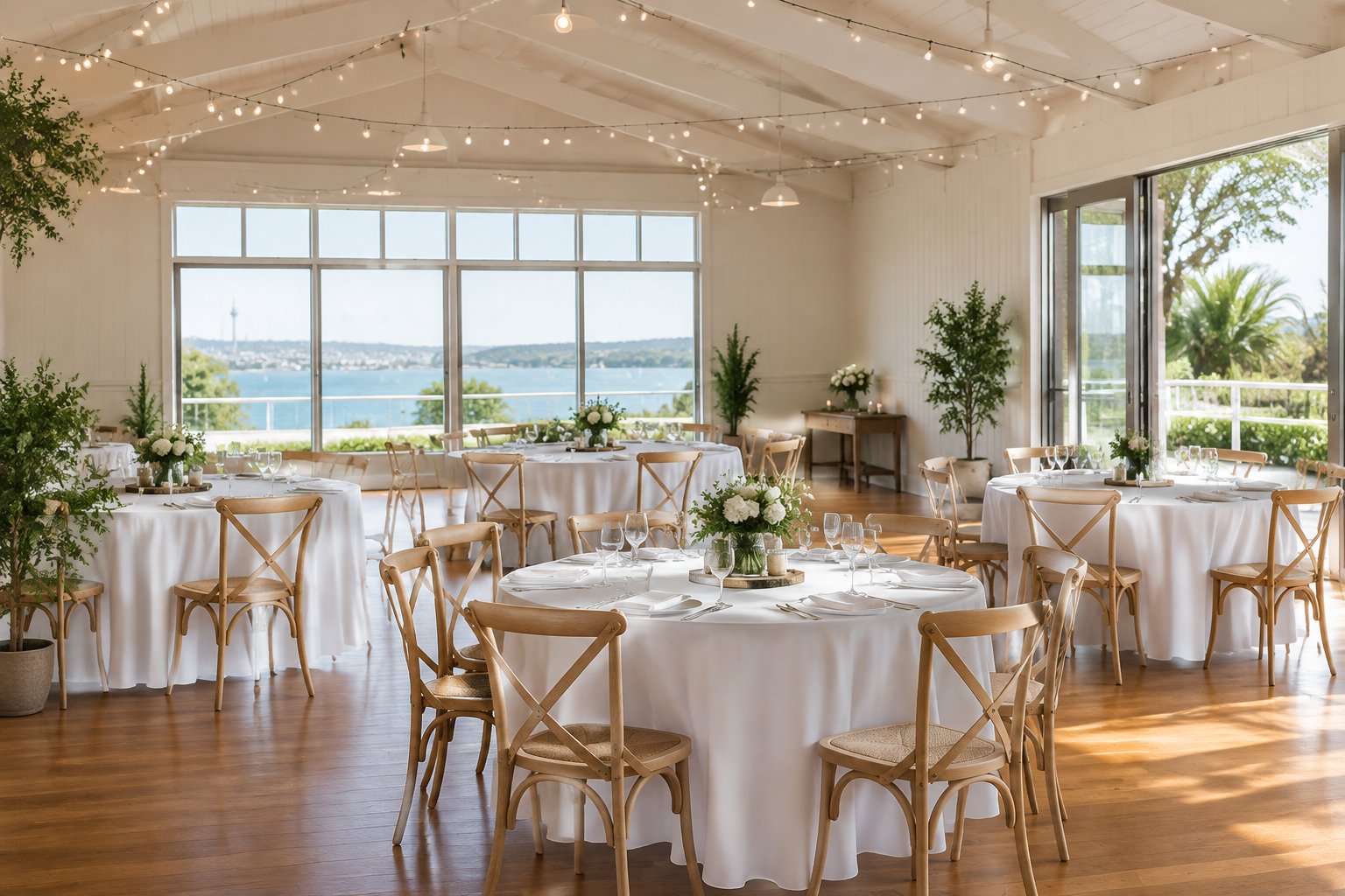 A modest Auckland wedding venue set up with simple elegant decorations and tables.