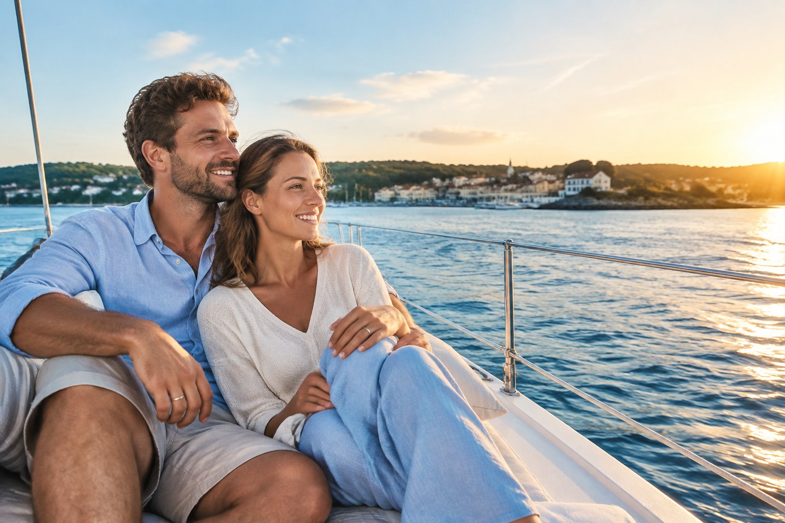 A newlywed couple relaxes together on a small yacht in a scenic coastal bay at golden hour.