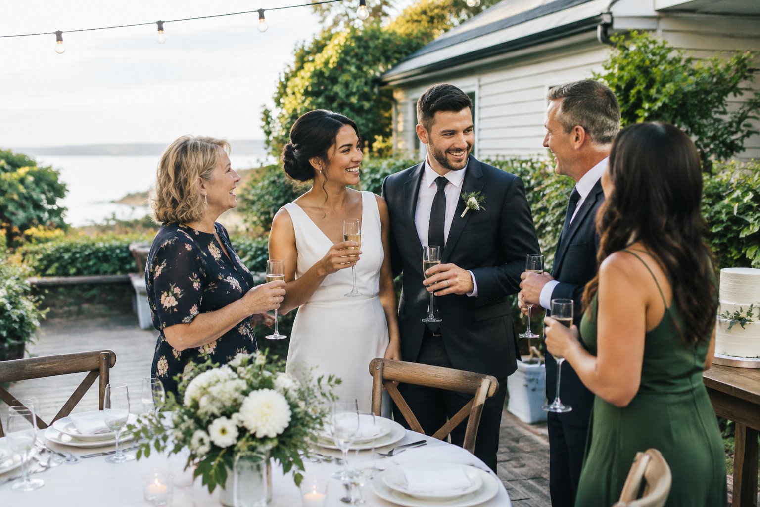A newlywed couple celebrates with family and friends at a modest decorated wedding venue.