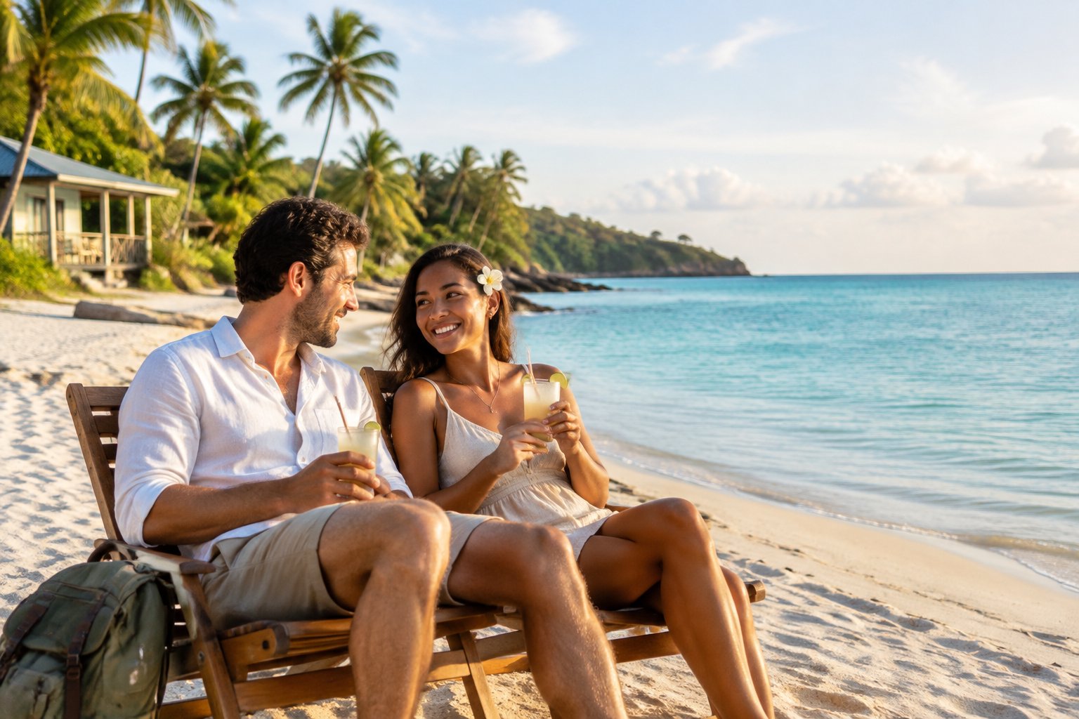 A newlywed couple relaxes together on a sunny tropical beach beside simple beachfront accommodations.