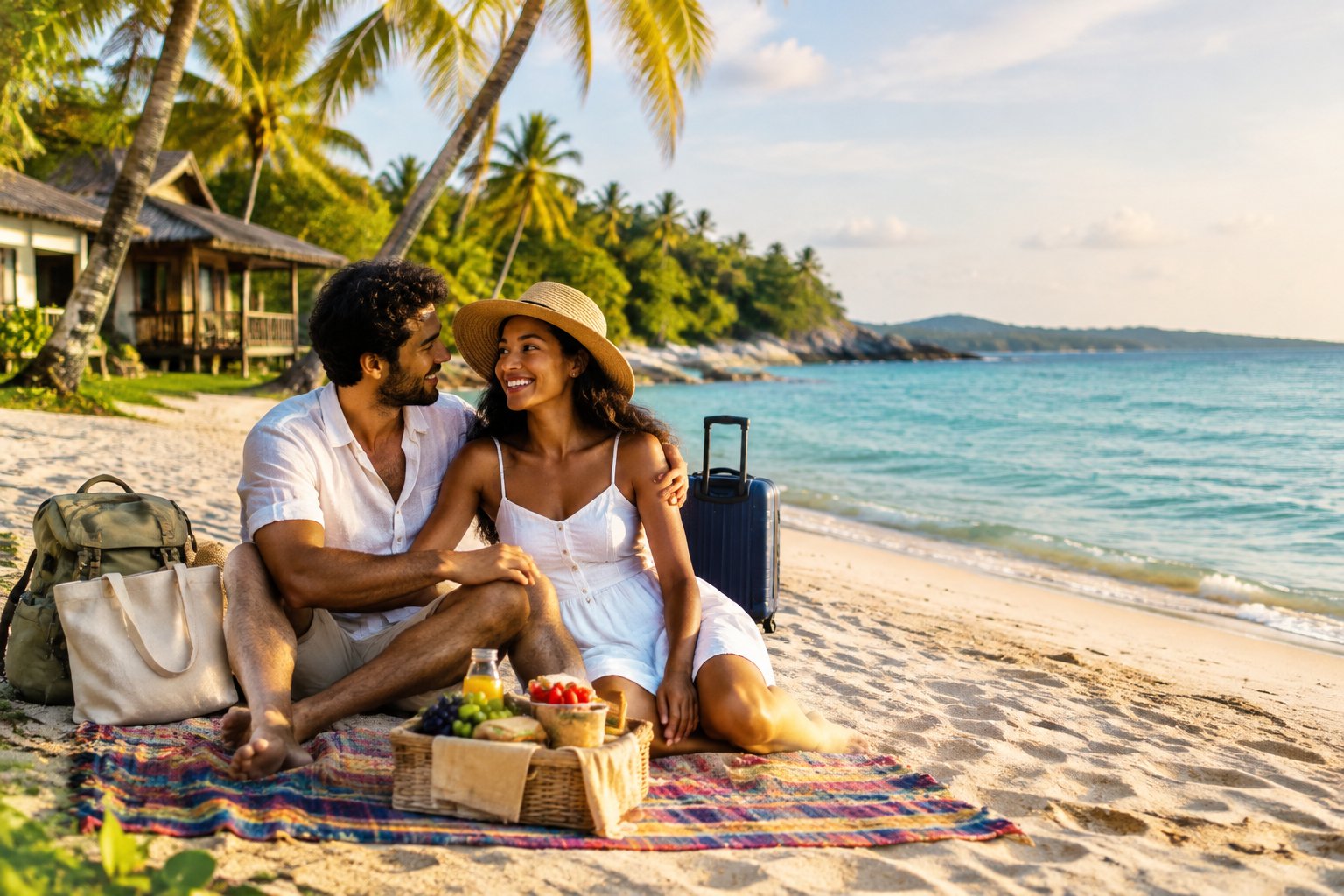 A newlywed couple relaxes together on a sunny tropical beach near simple seaside accommodations.