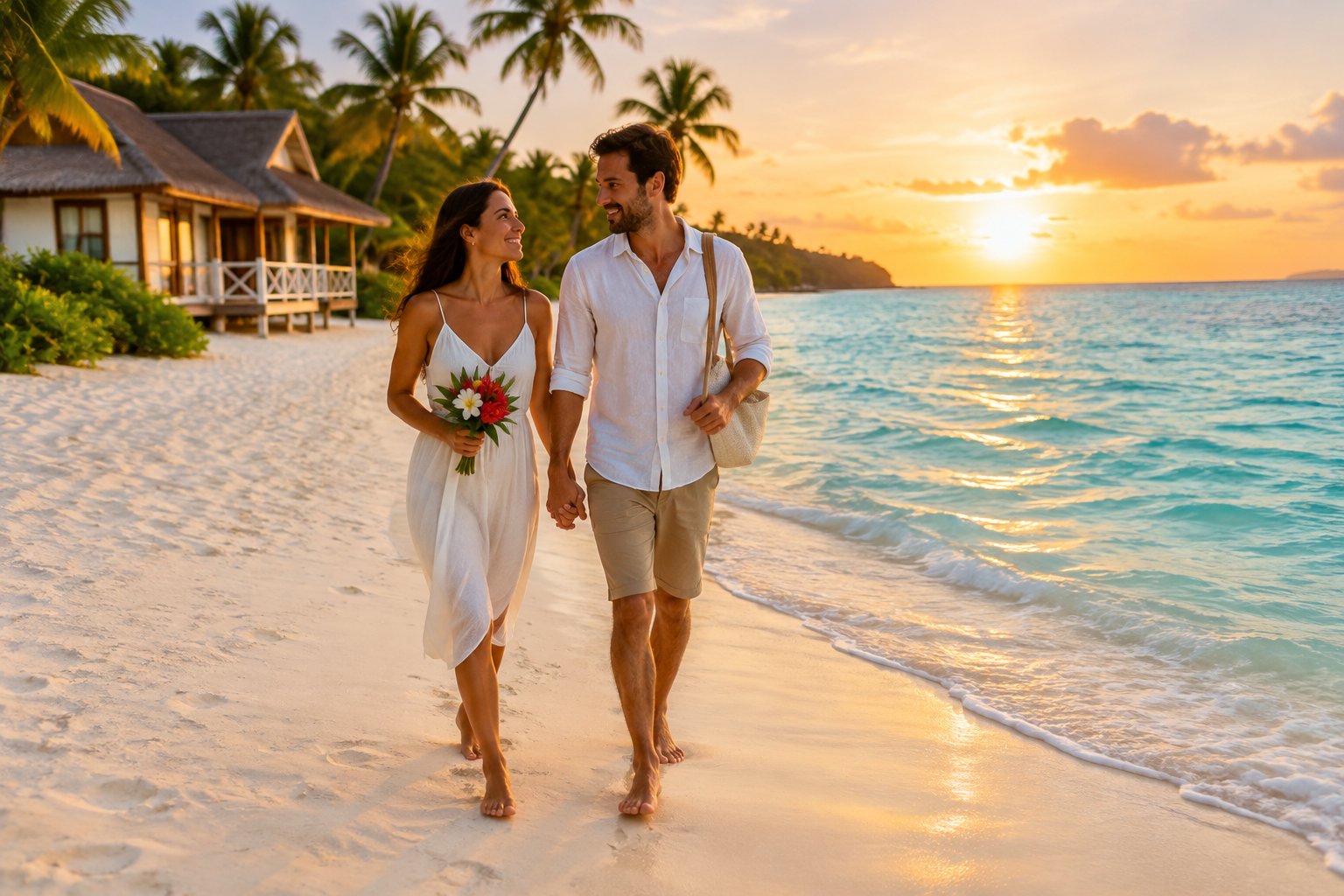 A newlywed couple walks hand in hand along a tropical beach at sunset near a simple beachfront bungalow.