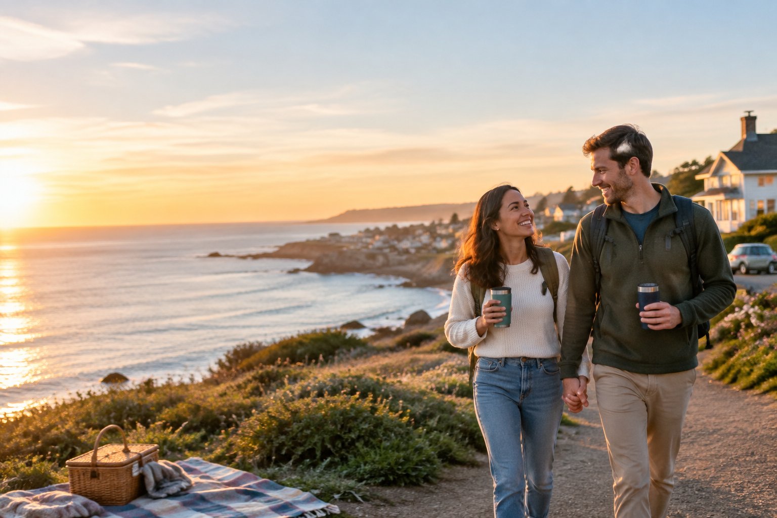 A newlywed couple holds hands while walking along a scenic coastal overlook at sunset.