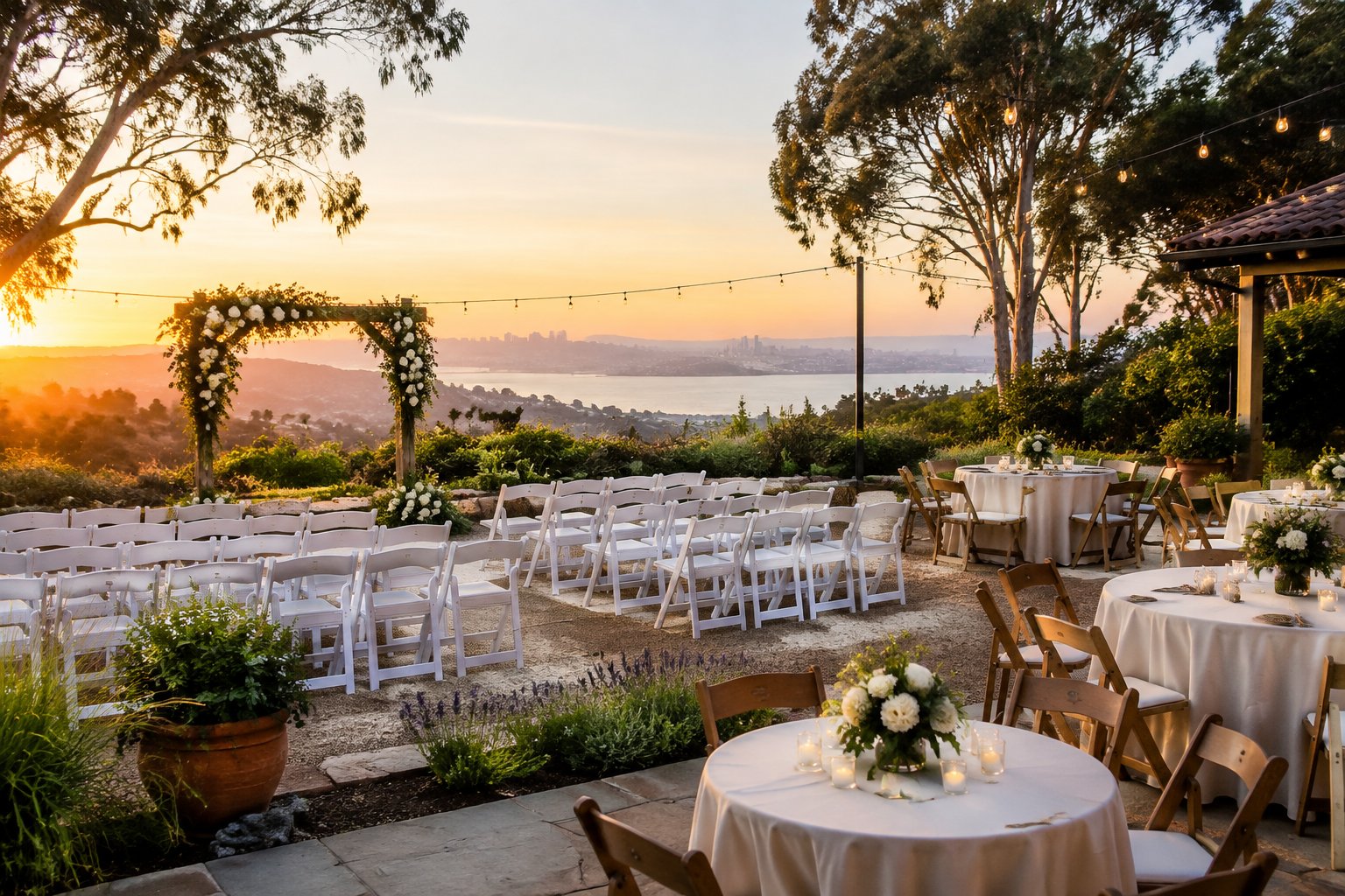 An affordable outdoor wedding venue with white chairs, a floral ceremony arch, reception tables, and warm string lights.