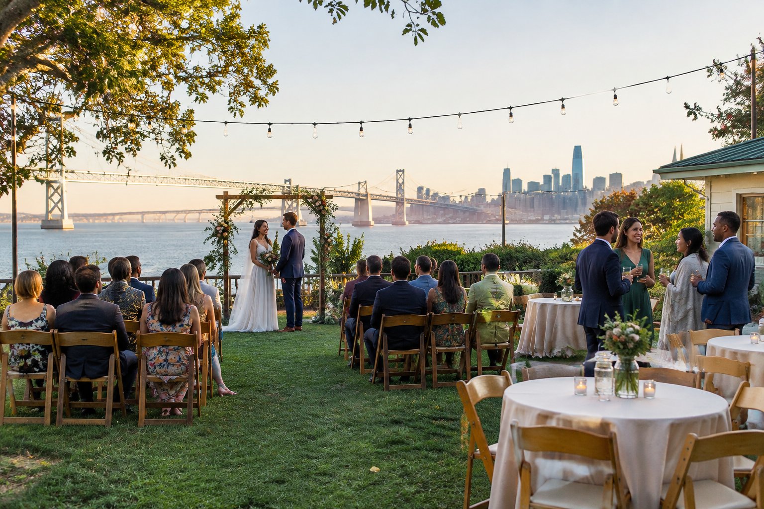 An intimate wedding ceremony at an affordable Bay Area venue with simple decorations, outdoor seating, and guests enjoying the setting.