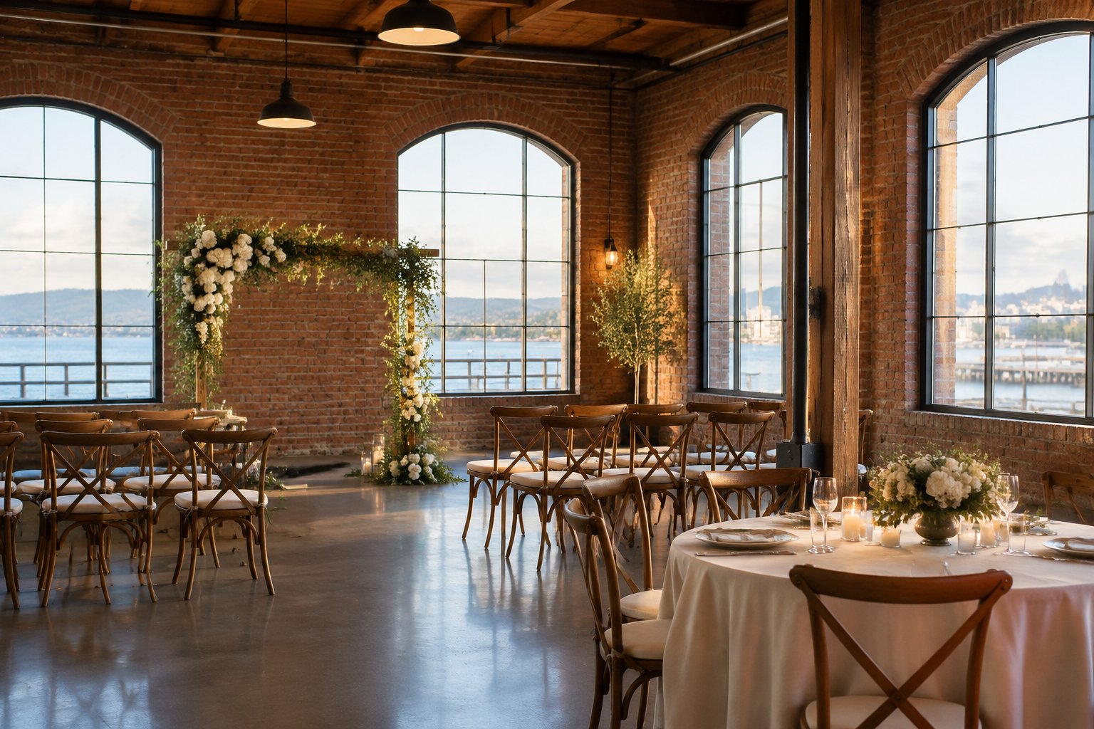 An intimate wedding ceremony and reception in a charming historic Bay Area venue with exposed brick, warm lighting, floral decorations, and views of the water.