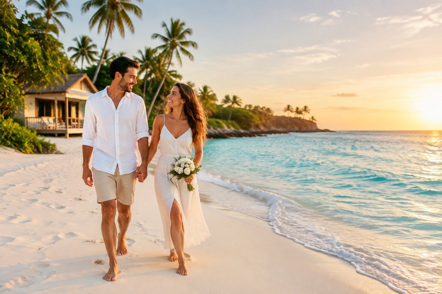 A newlywed couple walks hand in hand along a tropical beach near a modest beachfront resort.