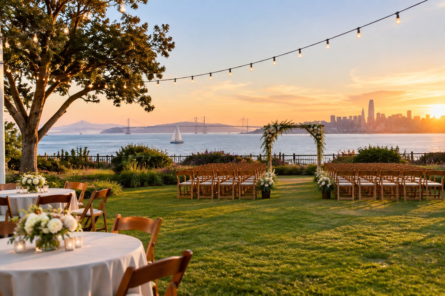 A modest outdoor wedding venue with simple ceremony seating and natural scenery, offering a practical setting for a budget wedding.