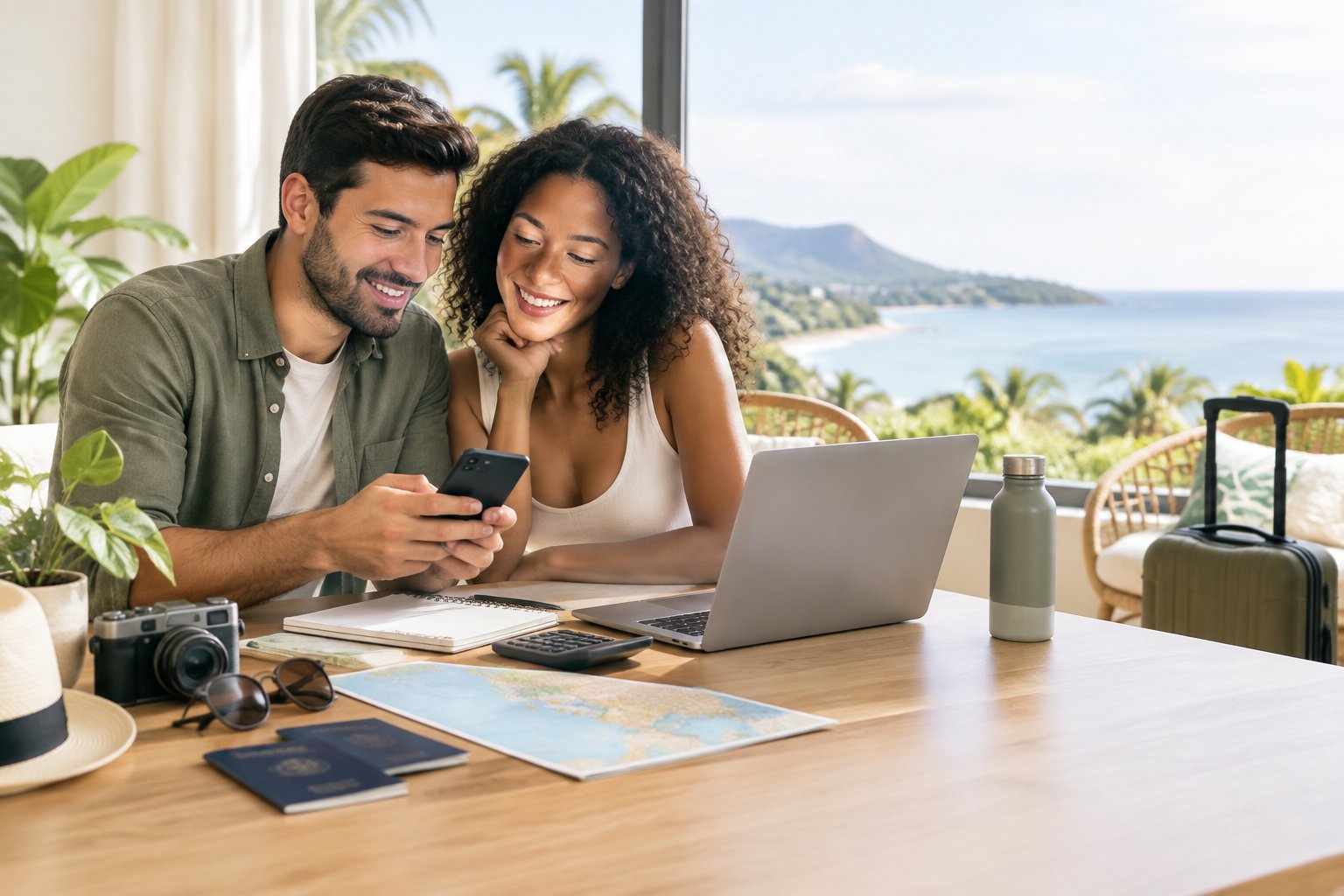 A newlywed couple compares affordable travel options at a sunlit table.