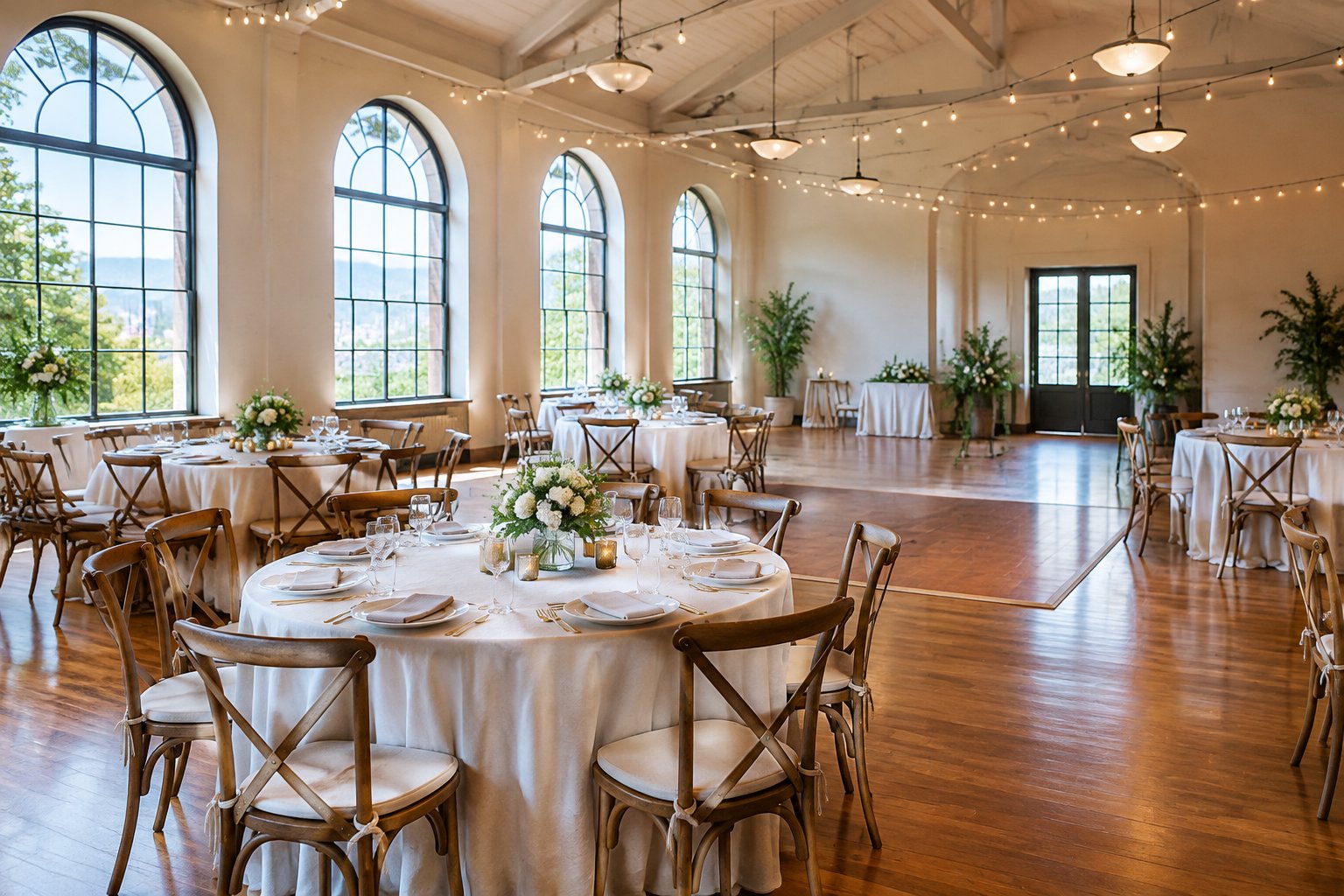 A modest wedding reception venue with tables and chairs arranged comfortably for a medium-sized guest list.