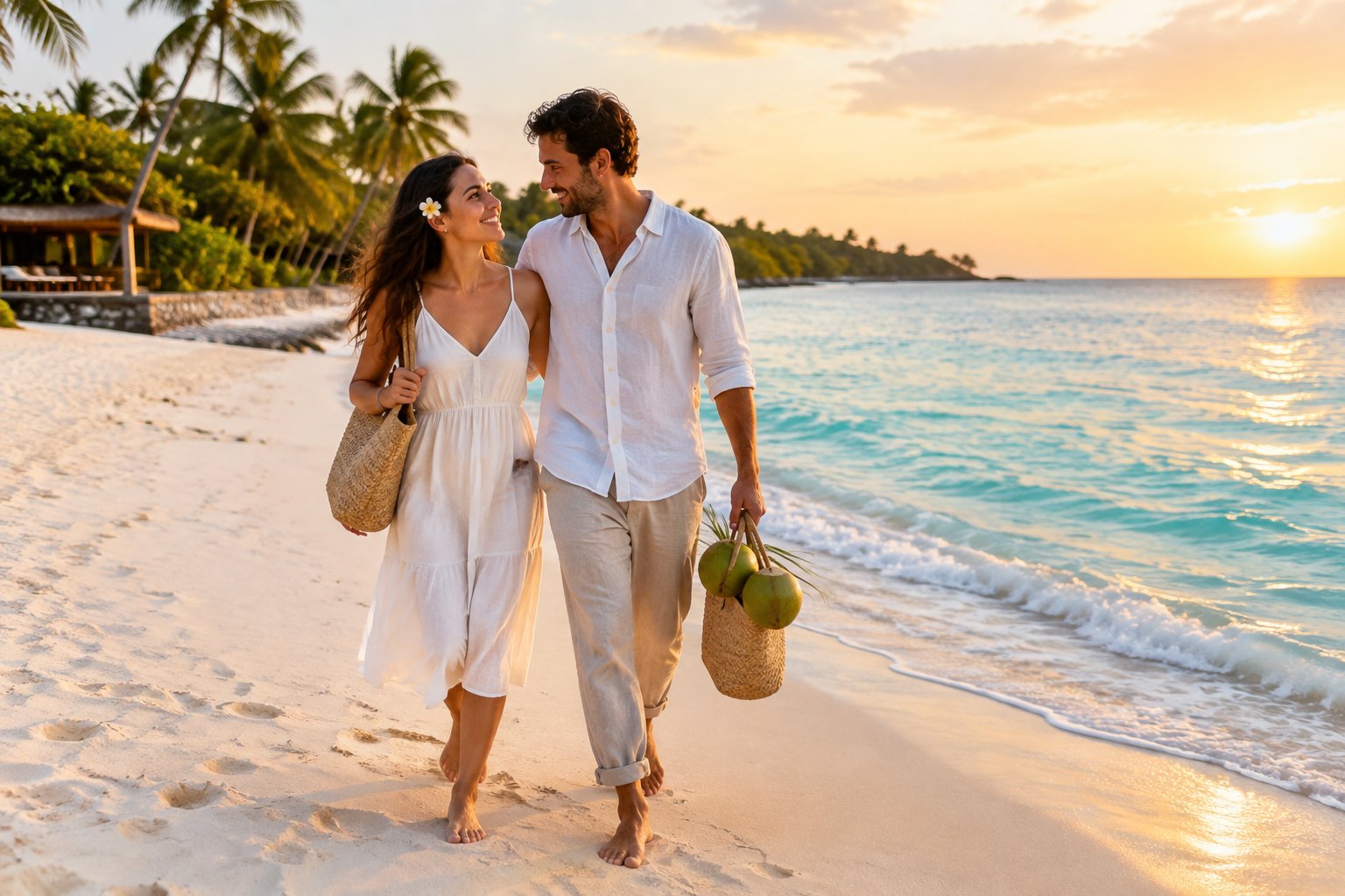A newlywed couple walks along a tropical beach at sunset.