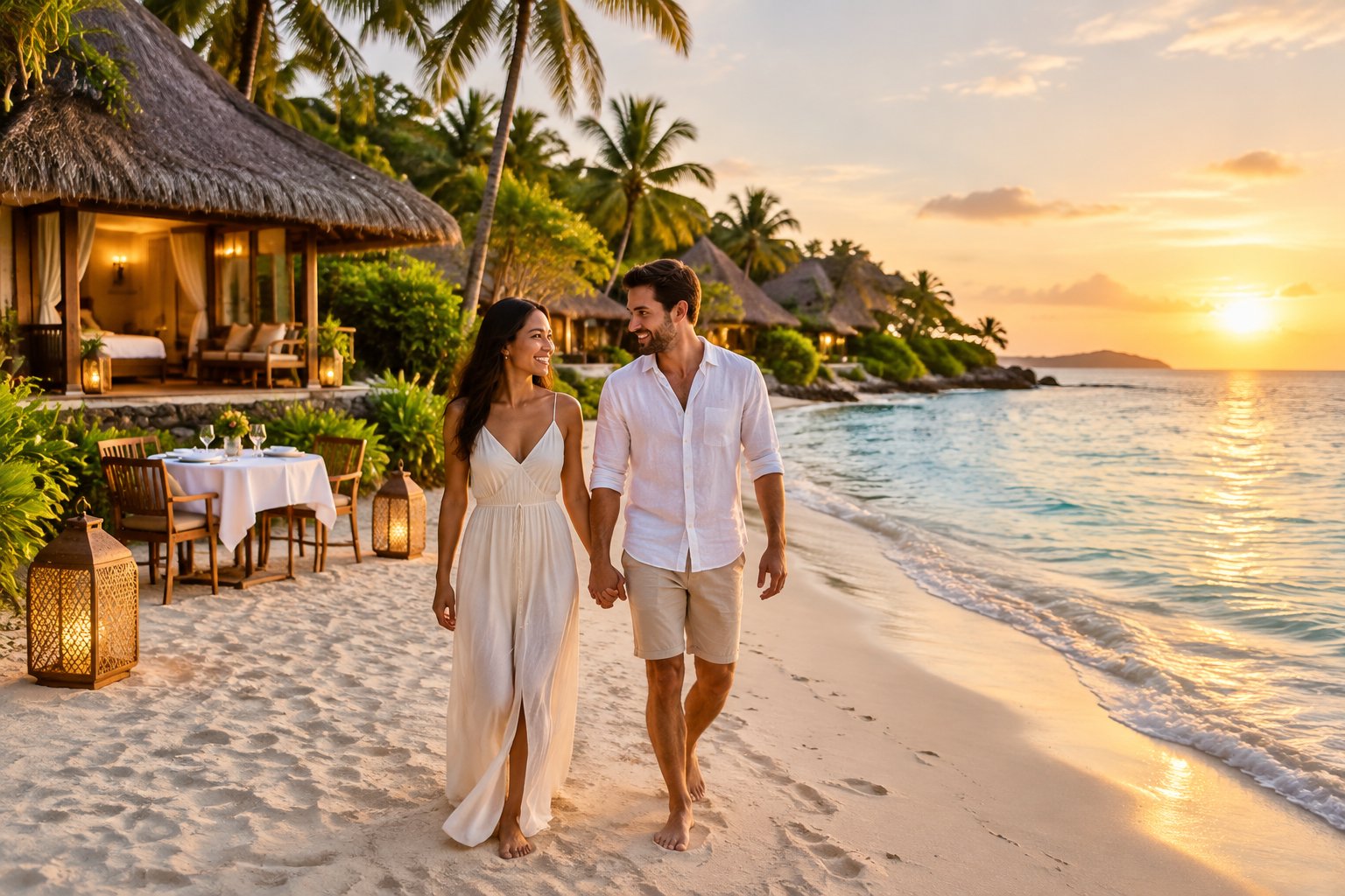 A newlywed couple walks along a tropical beach beside a stylish boutique resort in Asia.