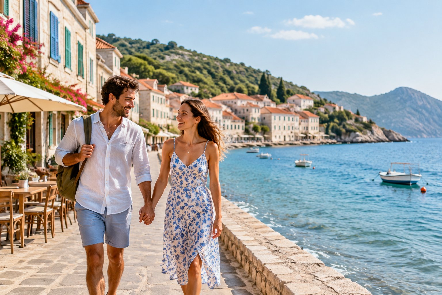A newlywed couple walks hand in hand along a sunny Mediterranean seaside promenade.