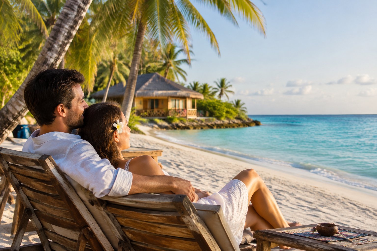 A newlywed couple relaxes together on beach chairs beside a calm tropical shoreline.