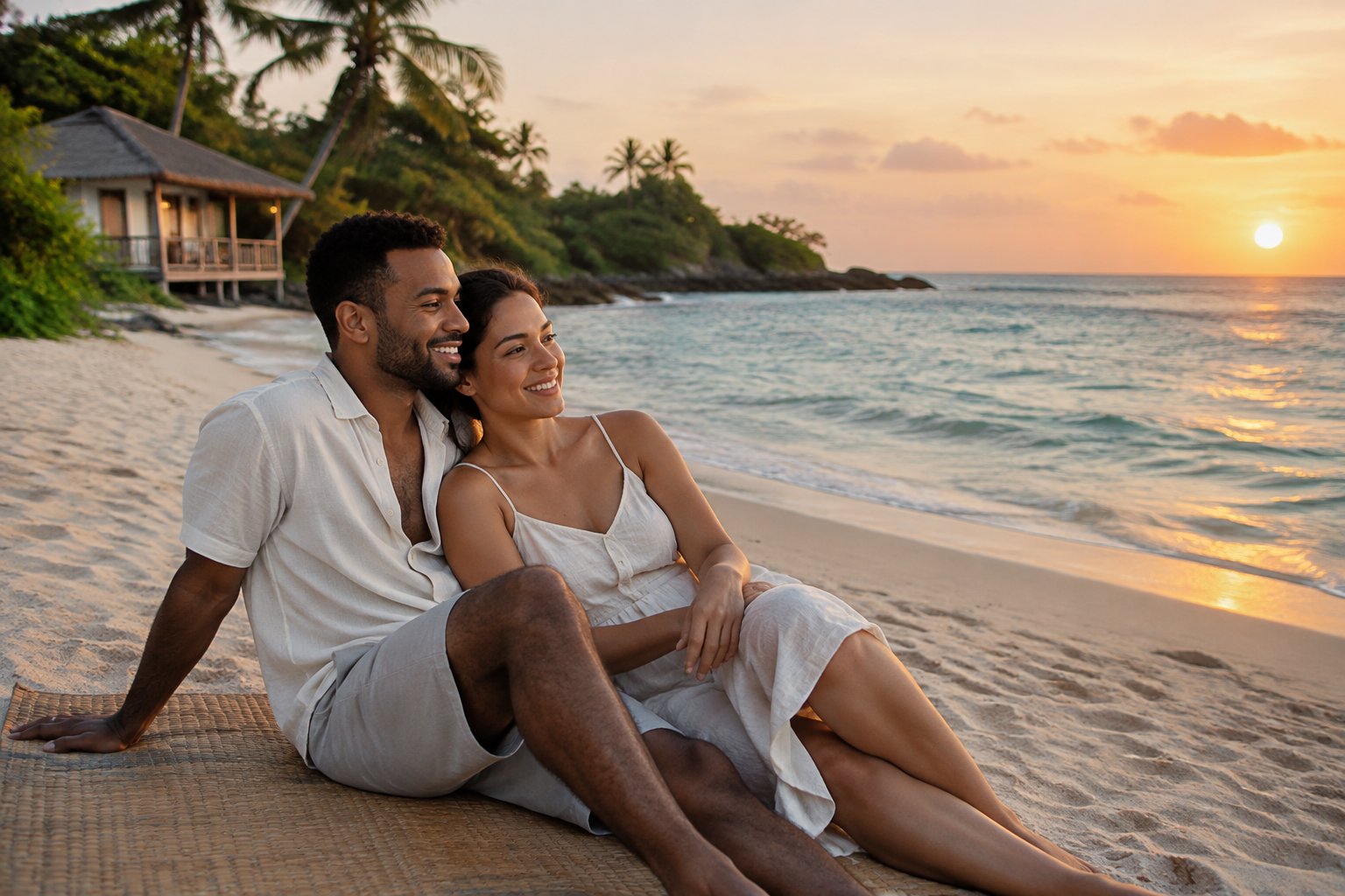 A newlywed couple relaxes together on a quiet tropical beach near a simple coastal bungalow at sunset.
