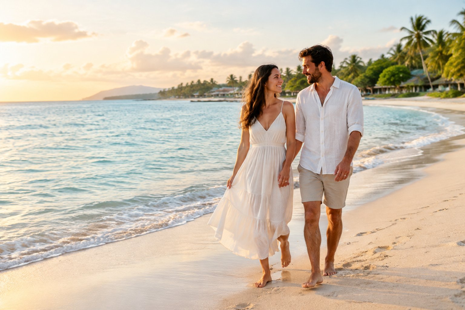 A newlywed couple walks barefoot along a calm tropical beach at sunset.