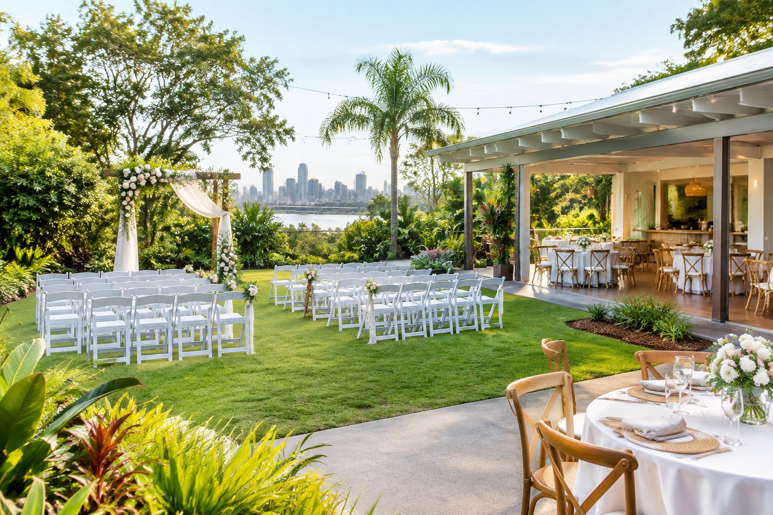 An affordable wedding venue in Brisbane with garden ceremony chairs, a floral arbor, and simply decorated reception tables.