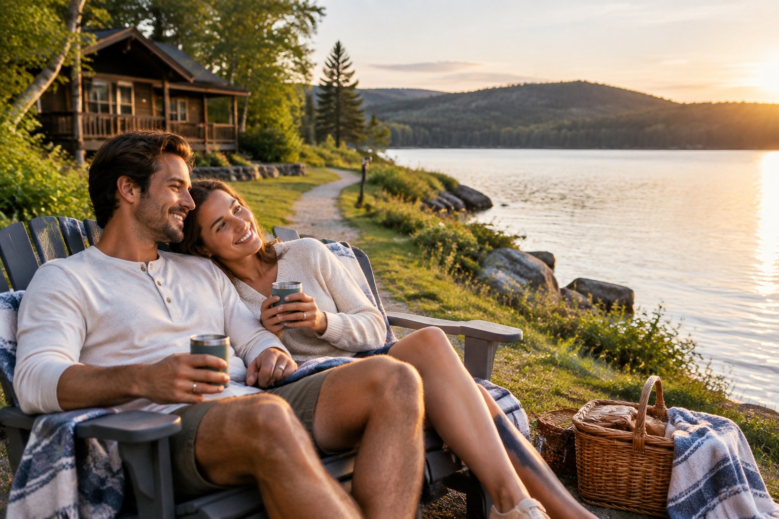 A newlywed couple relaxes beside a peaceful lake near a modest cabin.