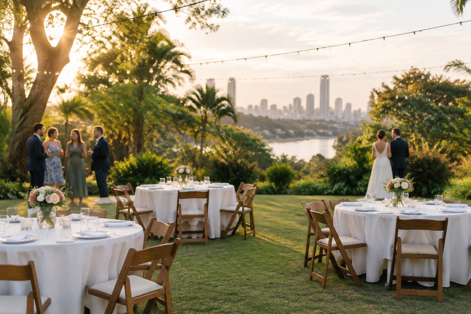 An intimate wedding reception set up in an affordable Brisbane garden venue.