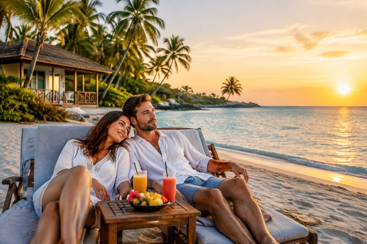 A newlywed couple relaxes together on a peaceful tropical beach near a small seaside guesthouse.