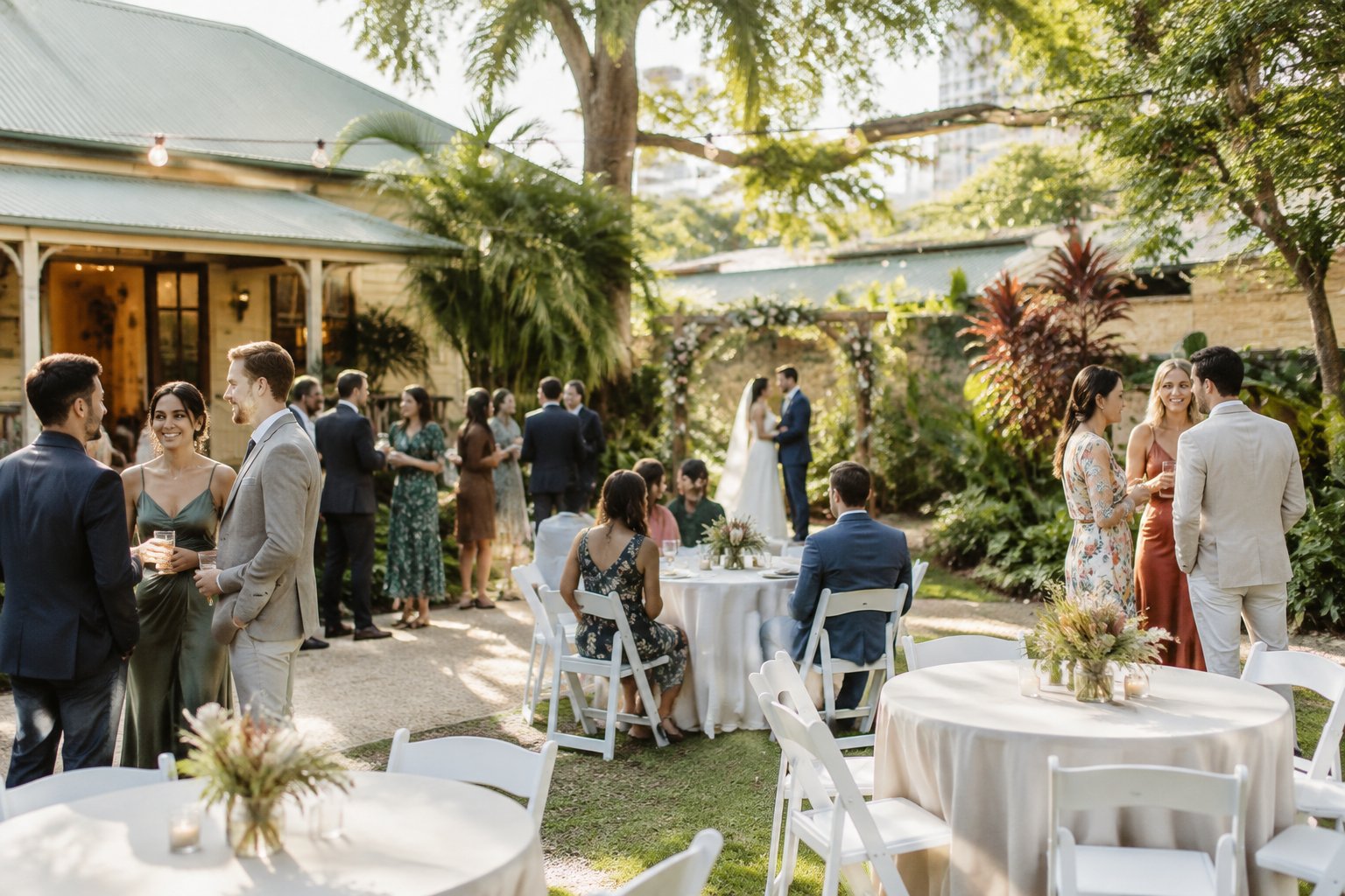 A couple and guests celebrate at an outdoor wedding venue with garden seating and simple decorations.