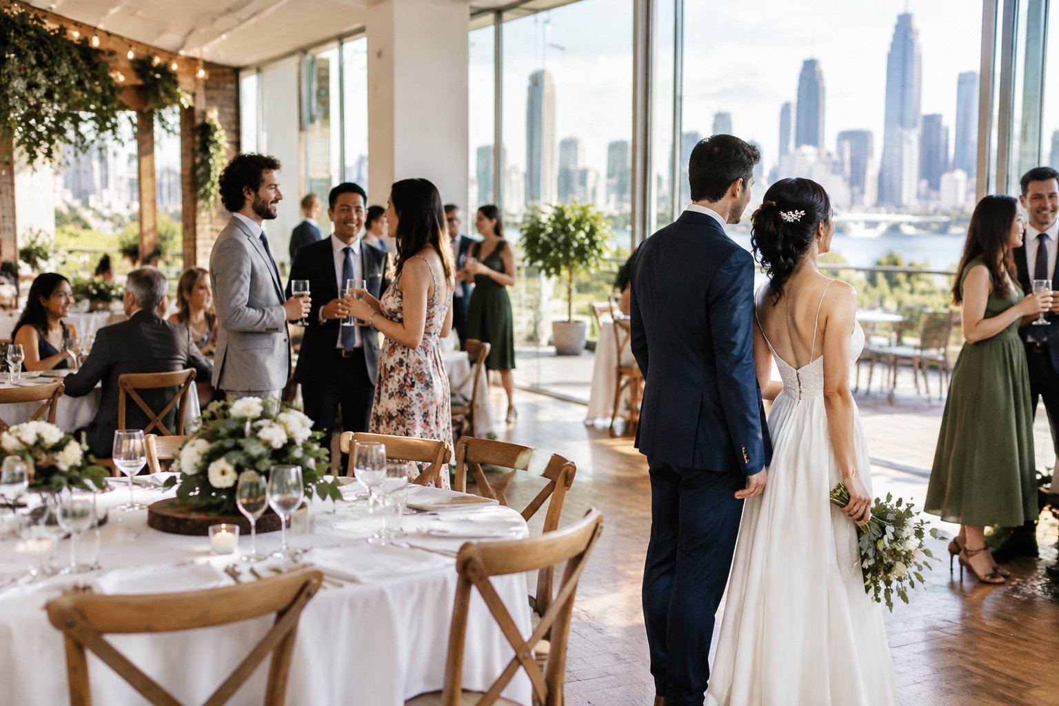 A couple and guests celebrating at a modest, elegant wedding venue in Brisbane.