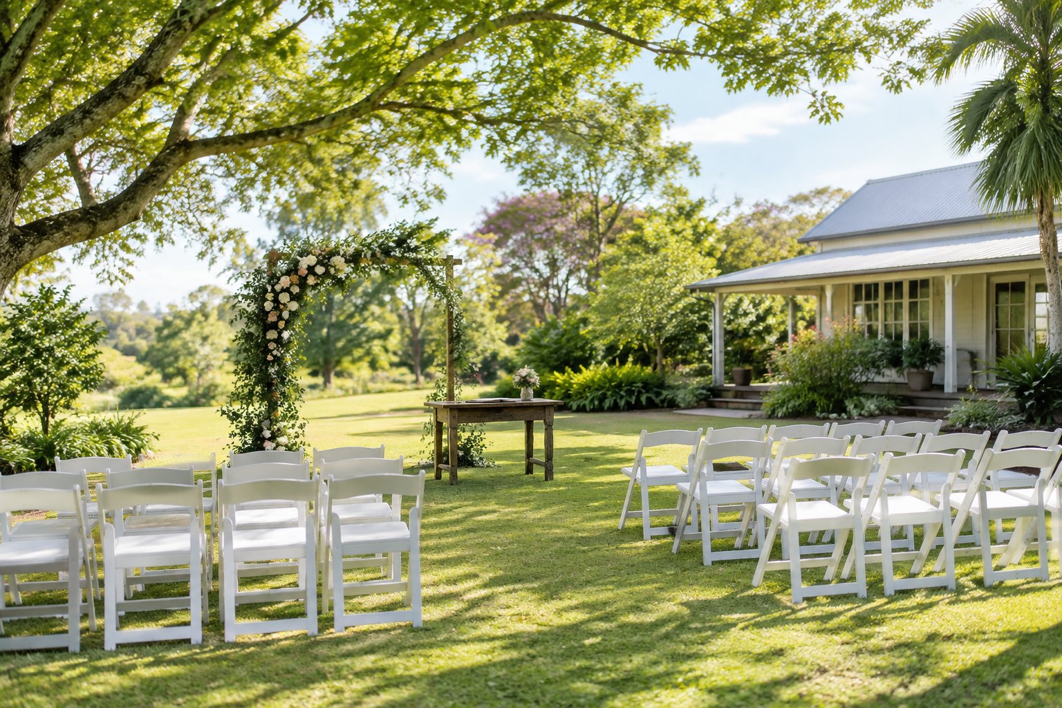 A simple outdoor wedding ceremony setup in a leafy Brisbane garden with white chairs and a small floral arch.